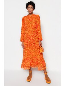 Trendyol volan obložena tkana šifonska haljina s narančastom cvjetnom suknjom