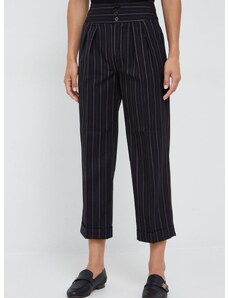 Vunene hlače Lauren Ralph Lauren za žene, boja: crna, ravni kroj, visoki struk