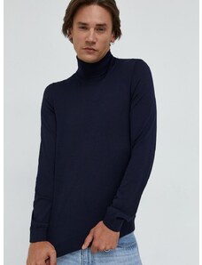 Vuneni pulover BOSS za muškarce, boja: tamno plava, lagani, s dolčevitom
