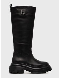 Kožne čizme Karl Lagerfeld Danton za žene, boja: crna, ravna potpetica, s polutoplom podstavom