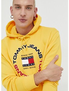 Pamučna dukserica Tommy Jeans za muškarce, boja: žuta, s kapuljačom, s tiskom