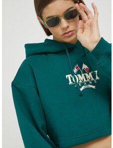 dukserica Tommy Jeans za žene, boja: zelena, s kapuljačom, s aplikacijom