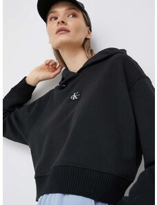 Pamučna dukserica Calvin Klein Jeans za žene, boja: crna, s kapuljačom, s aplikacijom