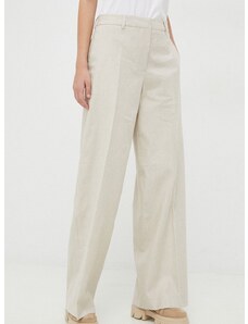 Lanene hlače Calvin Klein boja: bež, široke, visoki struk