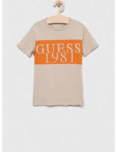 Dječja pamučna majica kratkih rukava Guess boja: bež, s tiskom