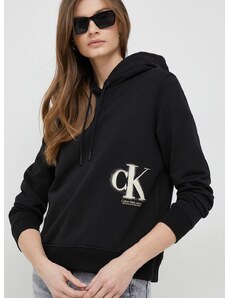 Pamučna dukserica Calvin Klein Jeans za žene, boja: crna, s kapuljačom, s tiskom