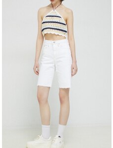 Traper kratke hlače Tommy Jeans za žene, boja: bijela, glatki materijal, visoki struk