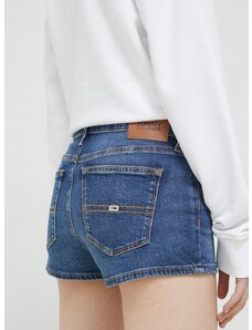 Traper kratke hlače Tommy Jeans za žene, boja: tamno plava, glatki materijal, srednje visoki struk