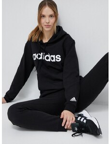Pamučna dukserica adidas za žene, boja: crna, s kapuljačom, s uzorkom