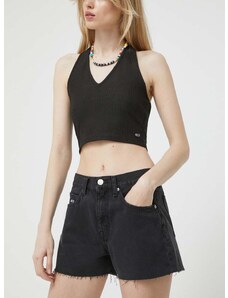 Traper kratke hlače Tommy Jeans za žene, boja: crna, glatki materijal, visoki struk