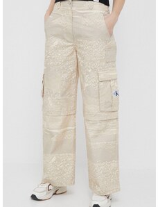 Pamučne hlače Calvin Klein Jeans boja: bež, široke, visoki struk