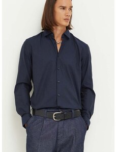 Pamučna košulja HUGO za muškarce, boja: tamno plava, slim, s klasičnim ovratnikom