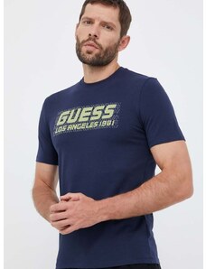 Majica kratkih rukava Guess za muškarce, boja: tamno plava, s aplikacijom