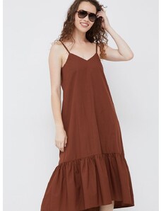 Pamučna haljina Sisley boja: smeđa, midi, širi se prema dolje