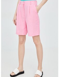 Lanene kratke hlače Only za žene, boja: ružičasta, glatki materijal, visoki struk