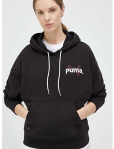 Dukserica Puma za žene, boja: crna, s kapuljačom, s tiskom
