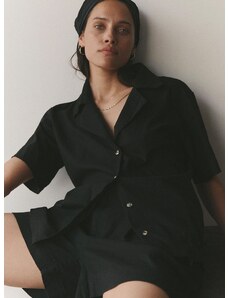 Košulja s dodatkom lana MUUV. za žene, boja: crna, relaxed, s klasičnim ovratnikom
