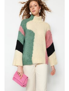 Trendyol bež mekana teksturirana boja blok pletenina džemper