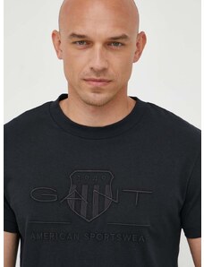 Pamučna majica Gant za muškarce, boja: crna, s aplikacijom