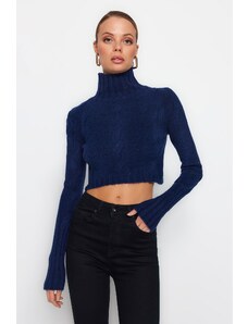 Trendyol Navy Blue Crop mekani teksturirani džemper od pletenine