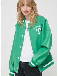 Bomber jakna s primjesom vune Tommy Jeans boja: zelena, za prijelazno razdoblje