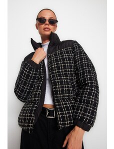 Trendyol crni premium oversize Tweed natečeni kaput