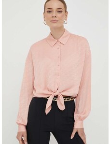 Košulja Guess za žene, boja: ružičasta, relaxed, s klasičnim ovratnikom