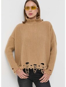 Vuneni pulover Pinko za žene, boja: smeđa, s dolčevitom