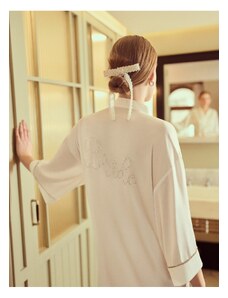 Koton Satin Dressing Gown Bride Shiny Stone Embroidered Belted Bridal