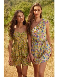 Trendyol otvaranje žutog struka mini tkana haljina s cvjetnim uzorkom