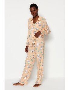 Trendyol Powder Rabbit Patterned Shirt-Pants Woven Pajamas Set