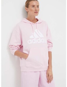 Pamučna dukserica adidas za žene, boja: ružičasta, s kapuljačom, s tiskom