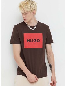 Pamučna majica HUGO boja: smeđa, s tiskom