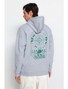 Trendyol Gray Oversize/Wide-Fit Hooded Space Printed Fleece Cotton Sweatshirt