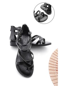 Marjin Women's Genuine Leather Lightweight Eva Sole Flip-Flops Daily Sandals Zelos black.