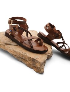 Marjin Women's Genuine Leather Accessoried Eva Sole With Crossed Threads Detail Daily Sandals Rivade Tan.