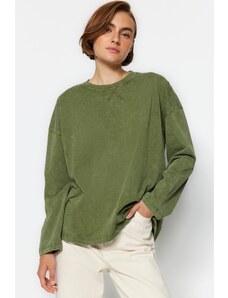 Trendyol Khaki Antique/Faded Effect Relaxed/Comfortable Fit Crew Neck Long Sleeve Knitted T-Shirt