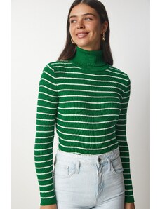 Happiness İstanbul Sreća İstanbul Ženski zeleni prugasti džemper od dolčevite pletenine