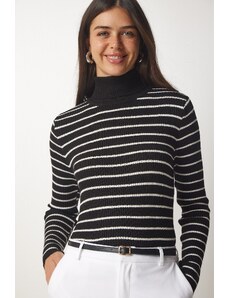 Happiness İstanbul Sreća İstanbul Ženski crni prugasti džemper od dolčevite pletenine