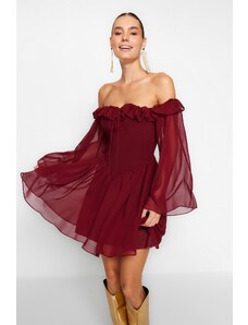 Trendyol burgundska otvorena struk/klizačica obložena flounce šifonskom elegantnom večernjom haljinom