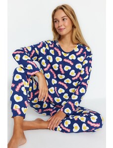 Trendyol Navy Blue 100% Cotton Breakfast Patterned T-shirt-Pants Knitted Pajamas Set