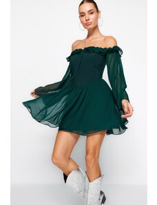 Trendyol Emerald Green Otvoreni struk / klizač Obložena flounce šifon elegantna večernja haljina