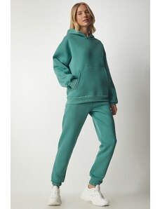 Happiness İstanbul Women's Dark Almond Green Hooded Raised Tracksuit