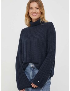 Vuneni pulover Tommy Hilfiger za žene, boja: tamno plava, lagani, s dolčevitom