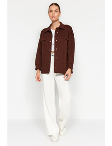 Trendyol smeđa oversize / široka polo jakna s džepovima i gumbima, flis unutarnja pletena jakna