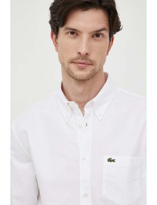 Pamučna košulja Lacoste za muškarce, boja: bijela, regular, s button-down ovratnikom
