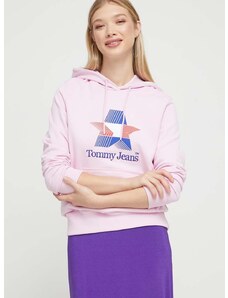 Pamučna dukserica Tommy Jeans za žene, boja: ružičasta, s kapuljačom, s tiskom
