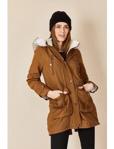 HAKKE Women's Snap Fastener Hooded Fur Coat Chest Pocket Coat