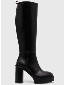 Kožne čizme Tommy Hilfiger ELEVATED PLATEAU LONGBOOT za žene, boja: crna, s debelom potpeticom, FW0FW07545