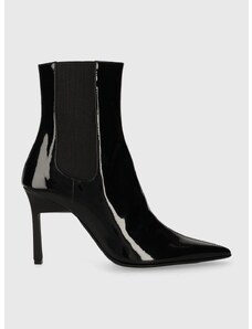 Kožne gležnjače Calvin Klein GEO STILETTO CHELSEA BOOT 90-PAT za žene, boja: crna, s tankom potpeticom, HW0HW01809